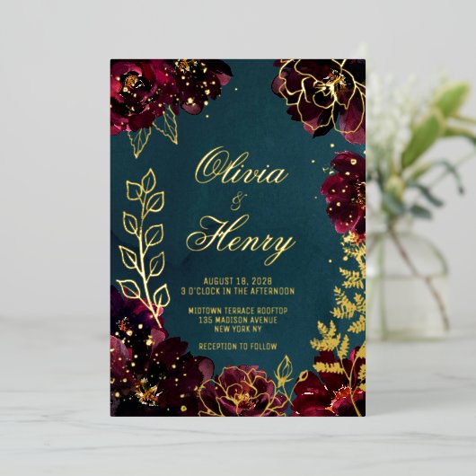 Blauwgroen Bordeaux Jewel Tones Achternamen Bruilo Folie Uitnodiging (Staand Voorkant)