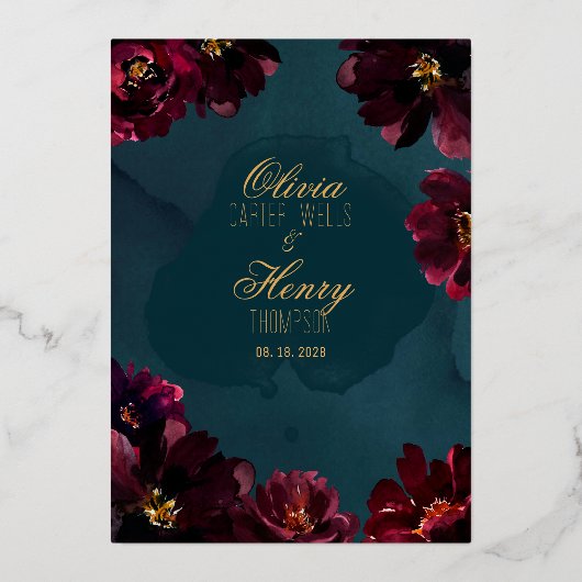 Blauwgroen Bordeaux Jewel Tones Achternamen Bruilo Folie Uitnodiging (Achterkant)
