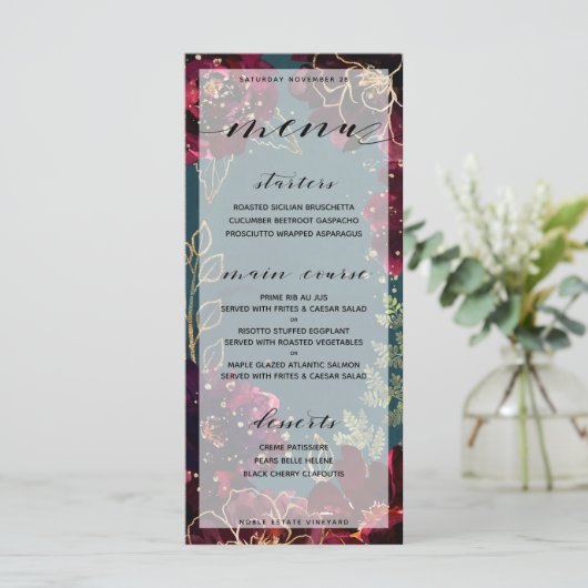 Blauwgroen Bordeaux Jewel Tones Bruiloft 2 Menu (Staand voorkant)