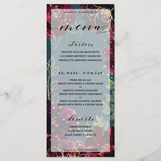 Blauwgroen Bordeaux Jewel Tones Bruiloft 2 Menu (Voorkant)