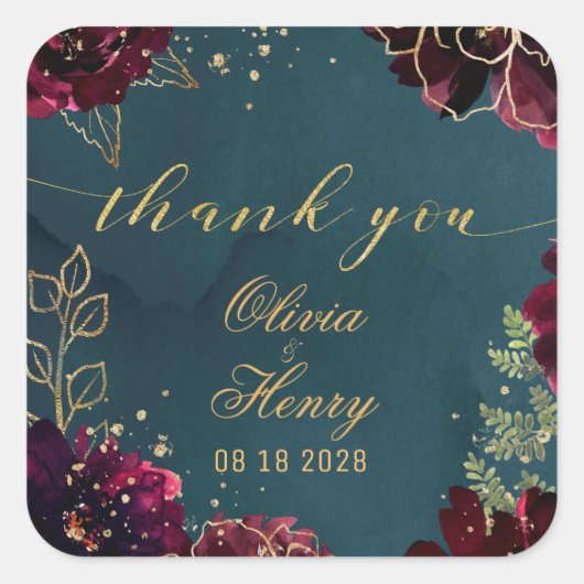 Blauwgroen Bordeaux Jewel Tones Bruiloft Dank u 2 Vierkante Sticker (Voorkant)