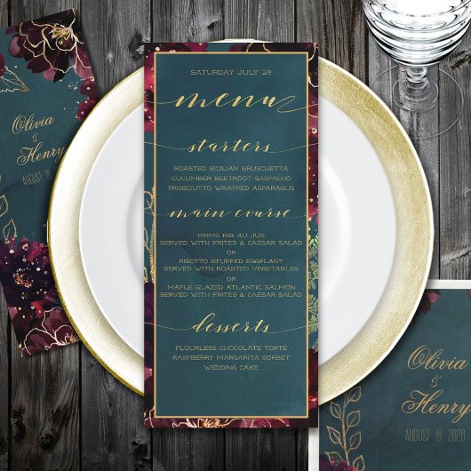 Blauwgroen Bordeaux Jewel Tones Bruiloft Goud Menu