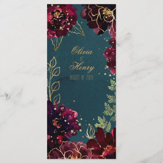 Blauwgroen Bordeaux Jewel Tones Bruiloft Goud Menu (Achterkant)