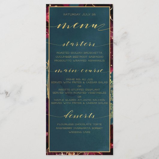 Blauwgroen Bordeaux Jewel Tones Bruiloft Goud Menu (Voorkant)