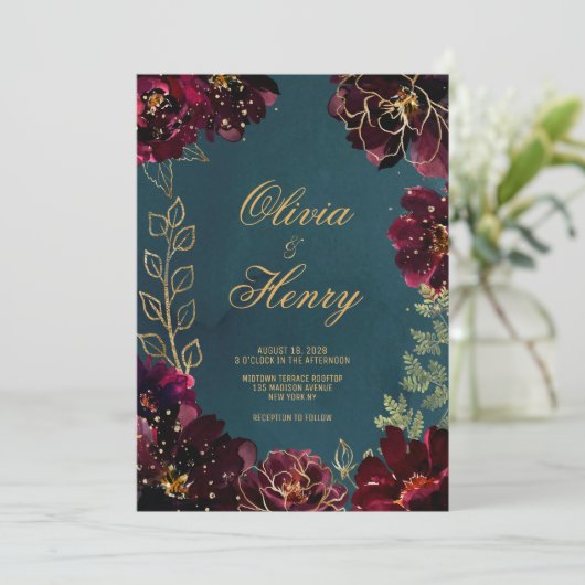 Blauwgroen Bordeaux Jewel Tones Surnames Weddensch Kaart (Staand voorkant)