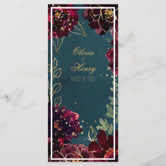 Blauwgroen Bordeaux Jewel Tones Wedding Menu (Achterkant)