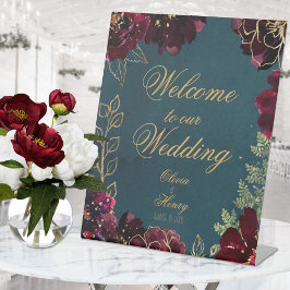 Blauwgroen Bordeaux Jewel Tones Wedding Reclamebord Met Voetstuk