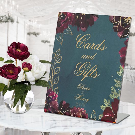 Blauwgroen Bordeaux Jewel Tones Wedding Reclamebord Met Voetstuk