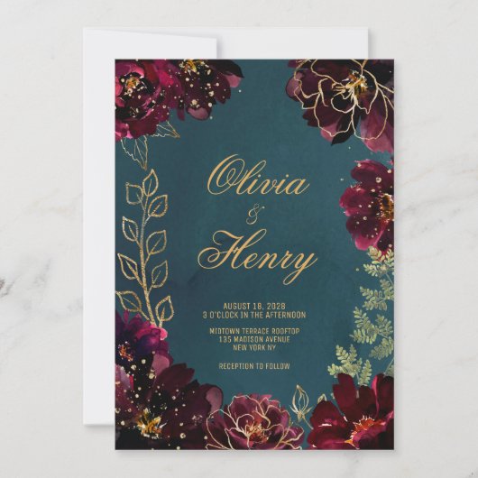 Blauwgroen Bordeaux Jewel Tones Wedding Uitnodigin Kaart (Voorkant)