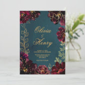 Blauwgroen Bordeaux Jewel Tones Wedding Uitnodigin Kaart (Staand voorkant)