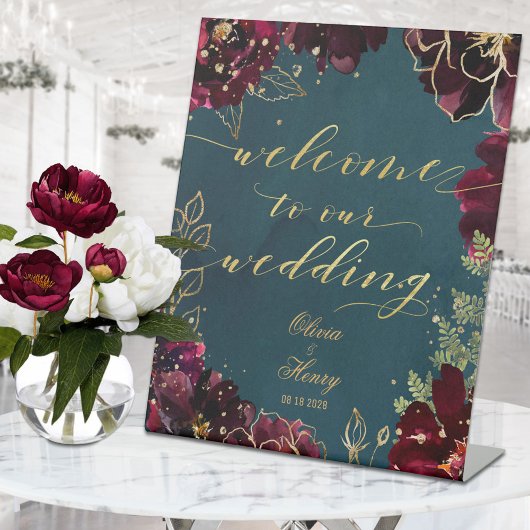 Blauwgroen Bordeaux Jewel Tones Welkom bruiloft 2 Reclamebord Met Voetstuk