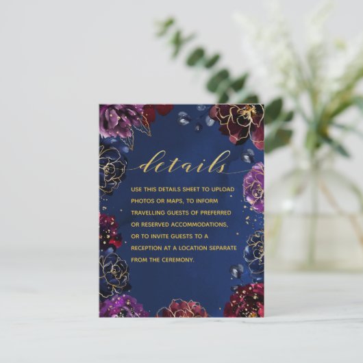 Blauwgroen Bordeaux Navy Blue Jewel Tone Details & Informatiekaartje (Staand voorkant)