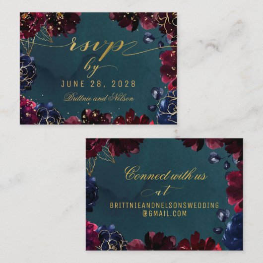 Blauwgroen Bordeaux Sapphire Jewel Tone RSVP Onlin Visitekaartje (Voorkant / Achterkant)