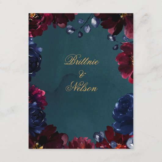 Blauwgroen Bordeaux Sapphire Jewel Tone Trouwgegev Informatiekaartje (Achterkant)