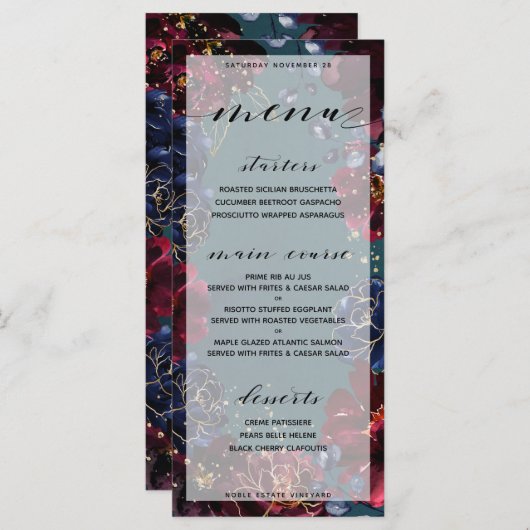 Blauwgroen Bordeaux Sapphire Jewel Tone Wedding 2  Menu (Voorkant / Achterkant)