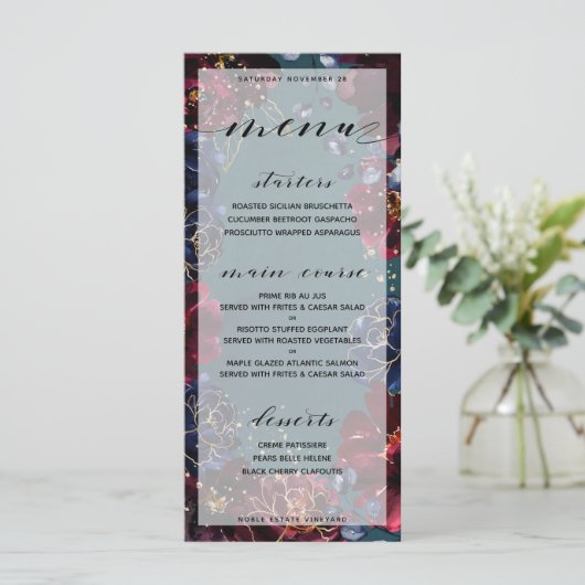 Blauwgroen Bordeaux Sapphire Jewel Tone Wedding 2  Menu (Staand voorkant)