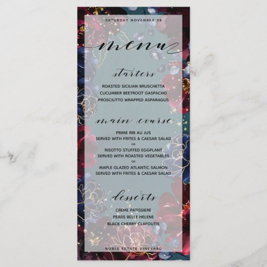 Blauwgroen Bordeaux Sapphire Jewel Tone Wedding 2  Menu (Voorkant)