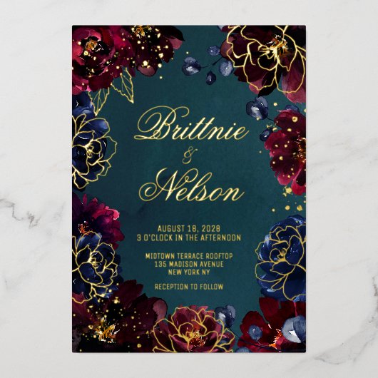 Blauwgroen Bordeaux Sapphire Jewel Tone Wedding Go Folie Uitnodiging (Voorkant)