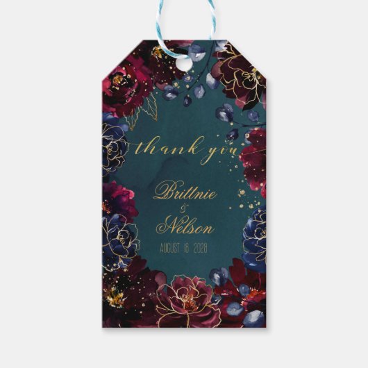 Blauwgroen Bordeaux Sapphire Jewel Tones Bruiloft Cadeaulabel (Voorkant)