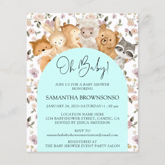 Blauwgroen bosdieren Oh Baby shower budget Flyer (Voorkant)