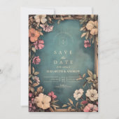 Blauwgroen Botanische Art Nouveau bruiloft Save The Date (Voorkant)