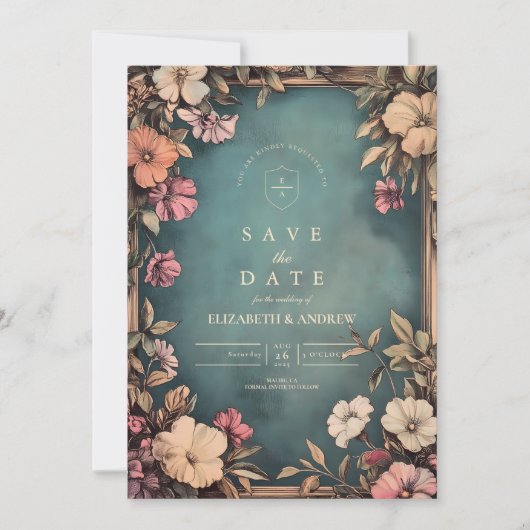 Blauwgroen Botanische Art Nouveau bruiloft Save The Date (Voorkant)