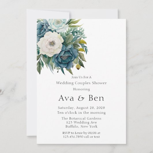 Blauwgroen Botanische Bloemen Pioen Bruiloft Koppe Kaart (Voorkant)