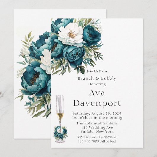Blauwgroen Botanische Bloemen Pioen Brunch & Bubbl Kaart (Voorkant / Achterkant)