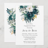 Blauwgroen Botanische Bloemen Pioen Verlovingsfees Kaart (Voorkant / Achterkant)