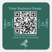 Blauwgroen Botanische Social Media QR Code Busines Vierkante Sticker (Voorkant)