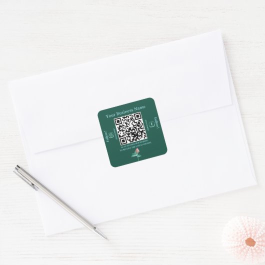 Blauwgroen Botanische Social Media QR Code Busines Vierkante Sticker (Envelop)