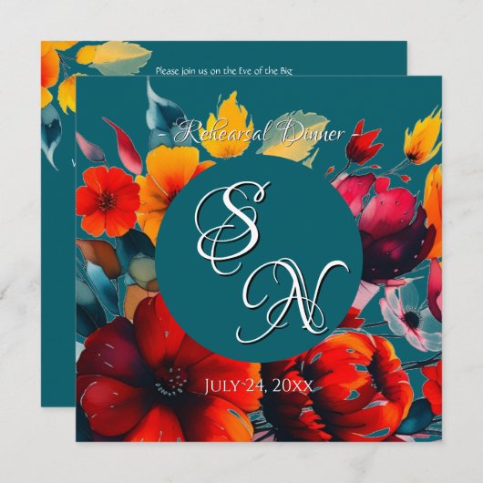 Blauwgroen bouquet bruiloft repetitie uitnodiging (Voorkant / Achterkant)