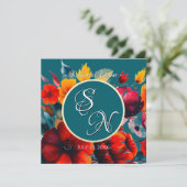 Blauwgroen bouquet bruiloft repetitie uitnodiging (Staand voorkant)