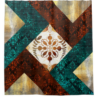 Blauwgroen, Bourgogne en goudgeometrische Damask Douchegordijn