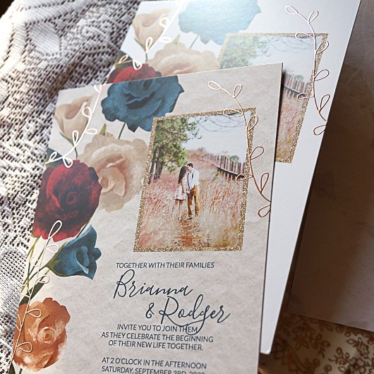 Blauwgroen, Bourgogne, Roos Gold Rozen bruiloft Folie Uitnodiging
