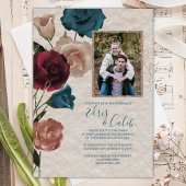 Blauwgroen, Bourgogne, Roos Gold Rozen bruiloft Folie Uitnodiging