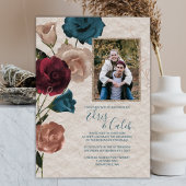 Blauwgroen, Bourgogne, Roos Gold Rozen bruiloft Folie Uitnodiging