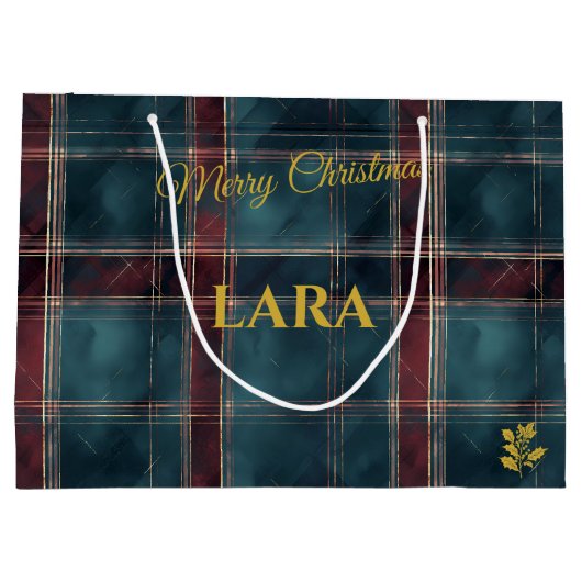 Blauwgroen, Bourgondië en Gold Plaid Christmas Cus Groot Cadeauzakje (Achterkant)