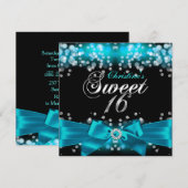  Blauwgroen Bow & Sparkle Sweet Sixteen Uitnodigin Kaart (Voorkant / Achterkant)