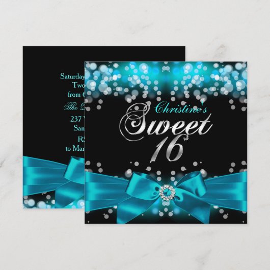 Blauwgroen Bow & Sparkle Sweet Sixteen Uitnodigin Kaart (Voorkant / Achterkant)