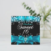 Blauwgroen Bow & Sparkle Sweet Sixteen Uitnodigin Kaart (Staand voorkant)