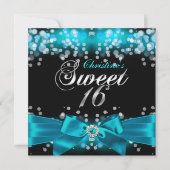 Blauwgroen Bow & Sparkle Sweet Sixteen Uitnodigin Kaart (Voorkant)