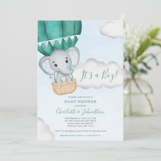 Blauwgroen Boy Olifant Balloon Baby shower Kaart (Staand voorkant)