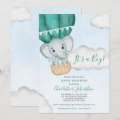 Blauwgroen Boy Olifant Balloon Baby shower Kaart (Voorkant / Achterkant)
