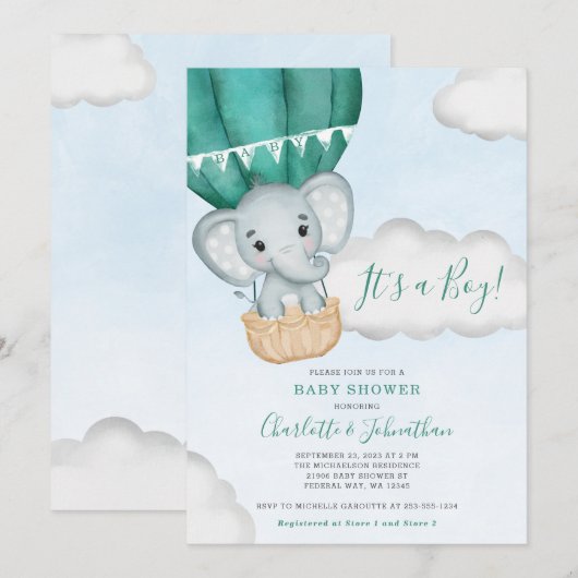 Blauwgroen Boy Olifant Balloon Baby shower Kaart (Voorkant / Achterkant)