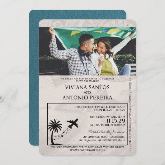 Blauwgroen Brazilië Paspoort Huwelijksuitnodiging Kaart (Voorkant / Achterkant)