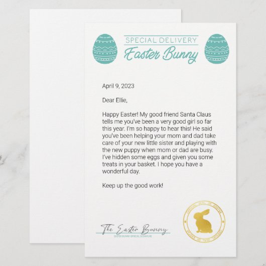 Blauwgroen brief van de paasbunny (Voorkant / Achterkant)