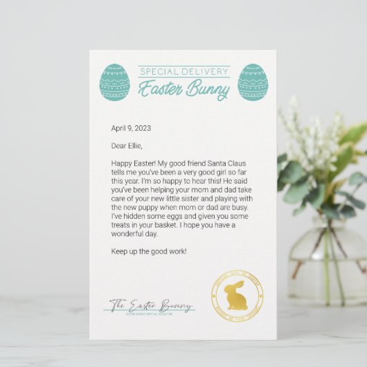 Blauwgroen brief van de paasbunny (Staand voorkant)