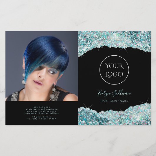 Blauwgroen brochure voor nevelglitter (Voorkant)