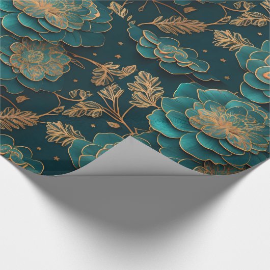 Blauwgroen & Brons Bloemen Verpakkingsdocument Cadeaupapier (Hoek)